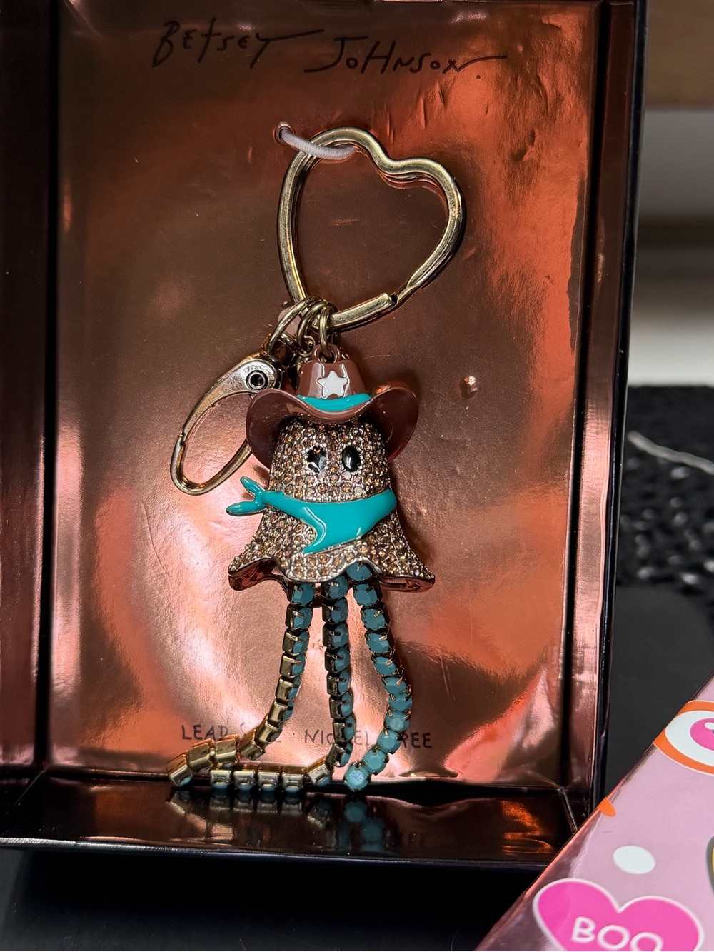 betsey johnson rhinestone ghost cowboy keychain bag charm halloween
